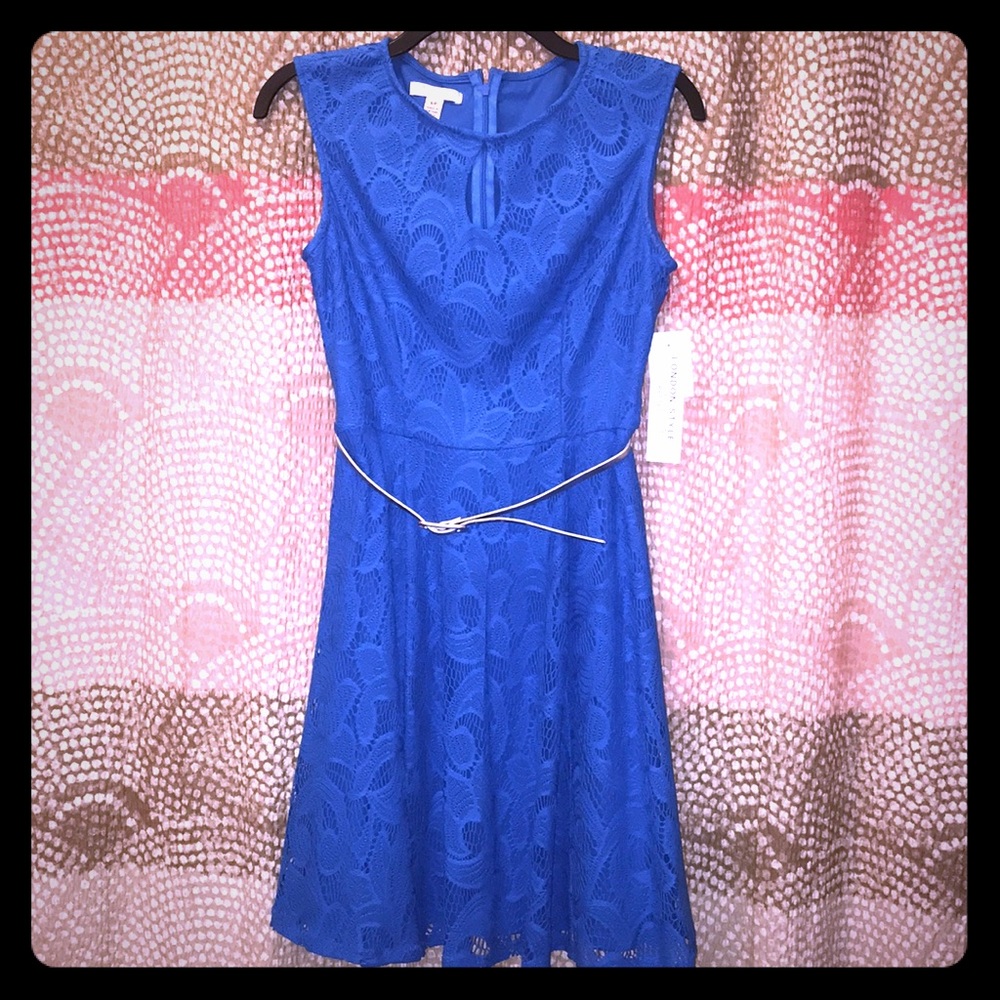 London Style Blue Lace Dress with Belt